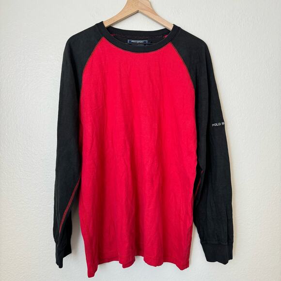 Vintage 90s Ralph Lauren Polo Sport Men Red Baseball Longsleeve Shirt Size Large - Picture 1 of 11